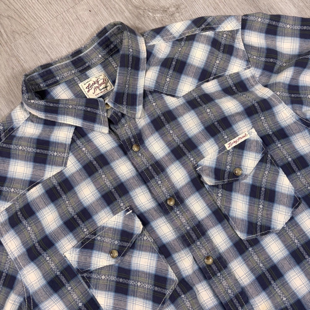 Lucky Brand Mens Blue Plaid Pearl Snap Short Sleeve Western Shirt L